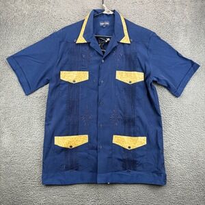 First Line Mens Large Blue‎ Short Sleeve Button Up Shirt Cuban Style